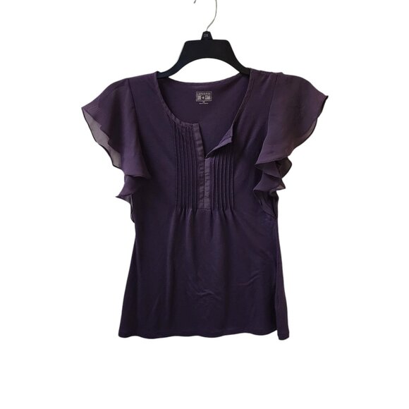 Converse One Star Purple Top XS Ruffle Flutter Sheer Sleeves Split Neck Pleated - Picture 1 of 6